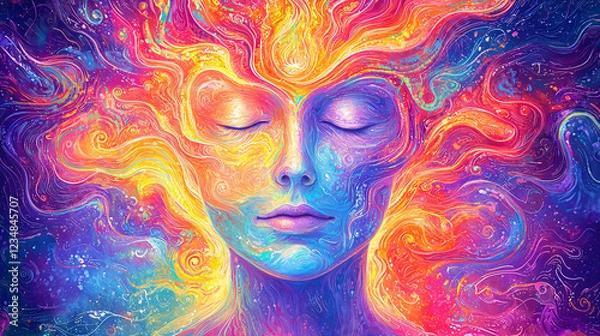 Obraz An illustration of a serene person with closed eyes, embraced by a Divine Universal Force, depicted in a colorful fresco style with soft, flowing details and radiant hues. 