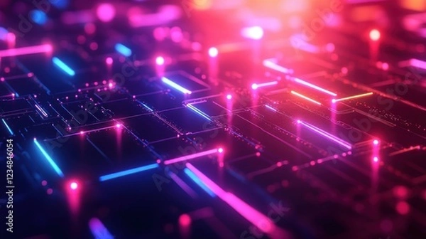 Fototapeta Futuristic computer keyboard with glowing lights and ai geometric patterns in neon colors