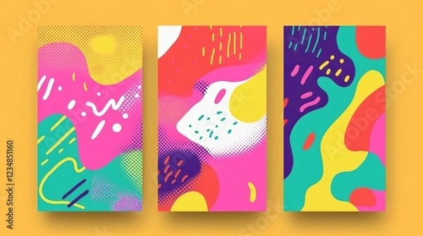 Fototapeta Three vertical colorful posters featuring abstract shapes in pink, yellow, green, and vibrant colors like red, orange, blue, and purple, with bold lines, smooth curves, and modern geometric patterns