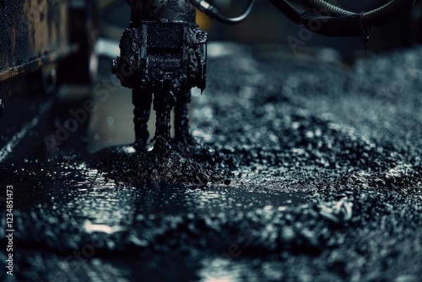 Fototapeta Asphalt paving machine in action  even distribution of black tar with focus on mechanical parts