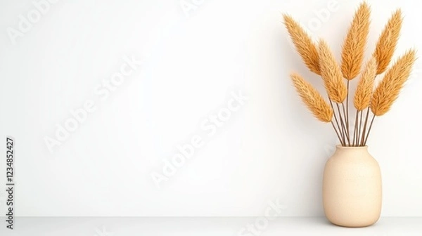 Fototapeta Dried Wheat Stalks in Beige Vase Against White Wall