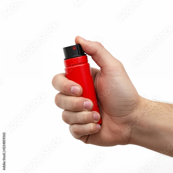 Fototapeta Hand with red pepper spray on white background
