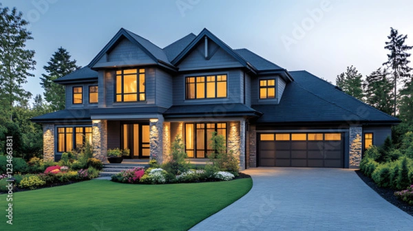 Fototapeta A large blue house with a white trim and a black roof. The house has a large front porch and a driveway. The house is surrounded by a lush green lawn and a garden with flowers