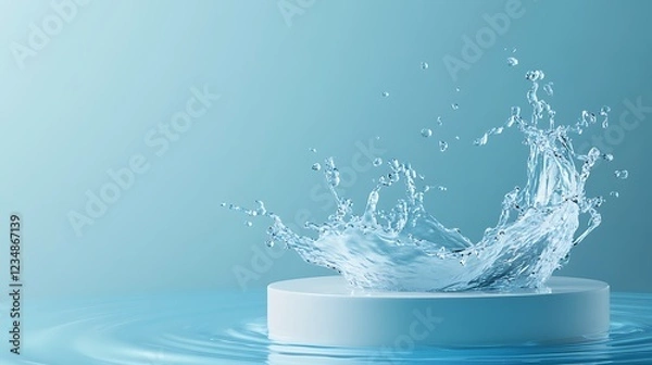 Obraz Water splashing on white podium in blue background