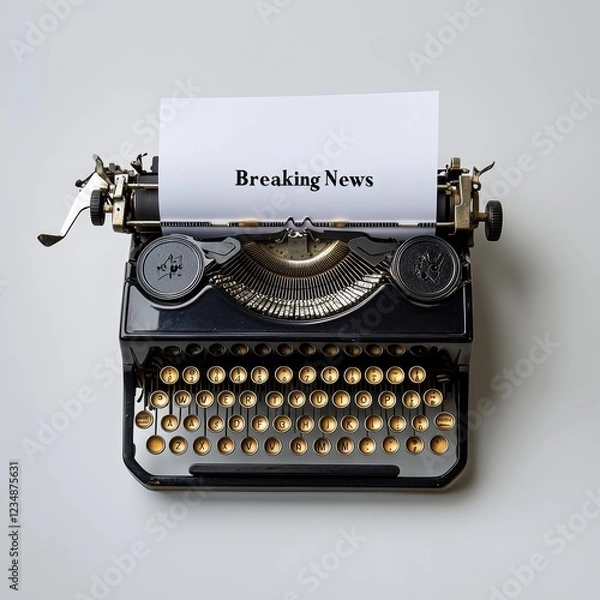 Fototapeta Vintage typewriter displays bold breaking news on a blank sheet in an elegant setting. Generative AI
