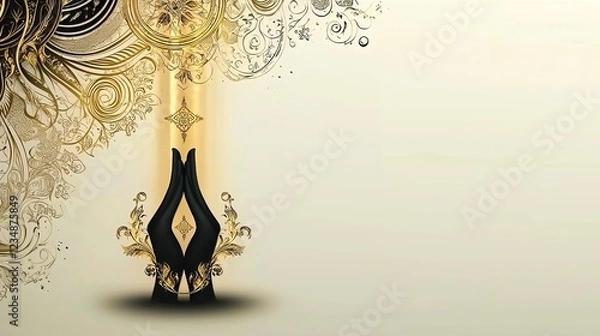 Fototapeta Ramadan brings unity and purity Prayer and charity and the crescent symbolize its spirit. Elegant Design with Decorative Swirls and Gold Accents