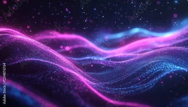 Obraz Abstract pink and blue glowing waves with particles.