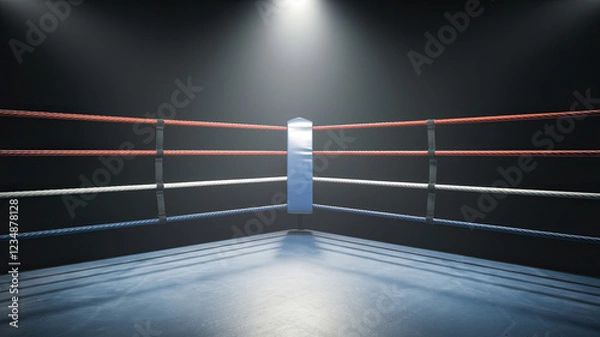 Fototapeta Epic Shot of Empty Boxing Ring Under Spotlight, Located in a Large Arena with Red Seats, Referee's Table in Place, Banner with Text "The Fight" Displayed, Dark Background