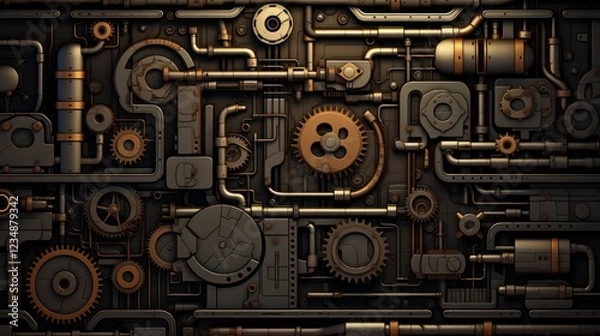 Obraz Steampunk Industrial Machinery with Pipes and Gears. Mechanical Engineering Background