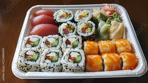Fototapeta Sushi platter, restaurant takeout, wooden table, food delivery