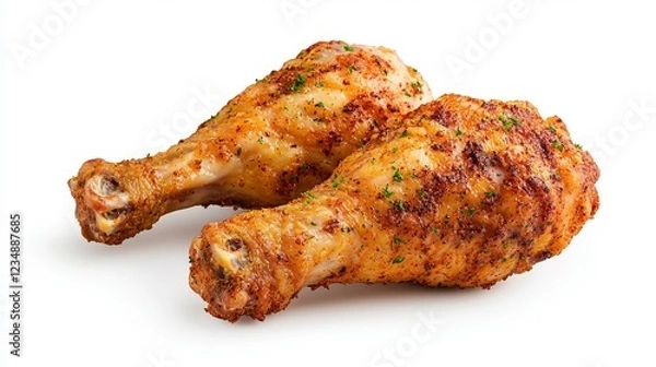 Obraz Two Roasted Chicken Drumsticks With Herbs On White Background