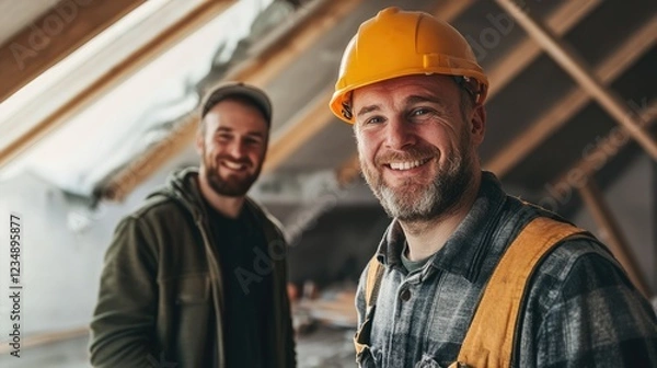 Fototapeta Portrait of smiling father and son working on loft conversion