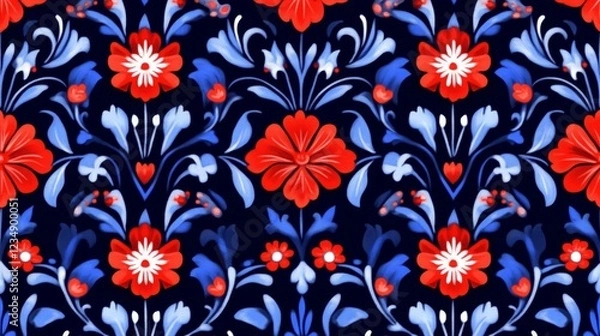 Fototapeta Vibrant floral pattern featuring red and blue flower on a dark background suitable for textiles