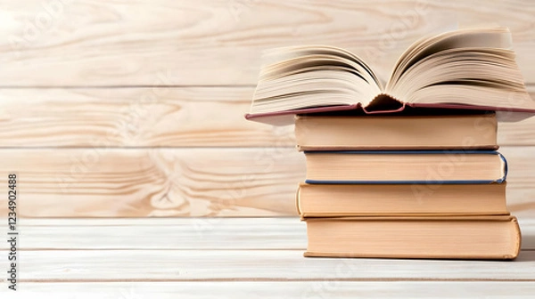 Fototapeta Open book on stack of books, wooden background, education concept
