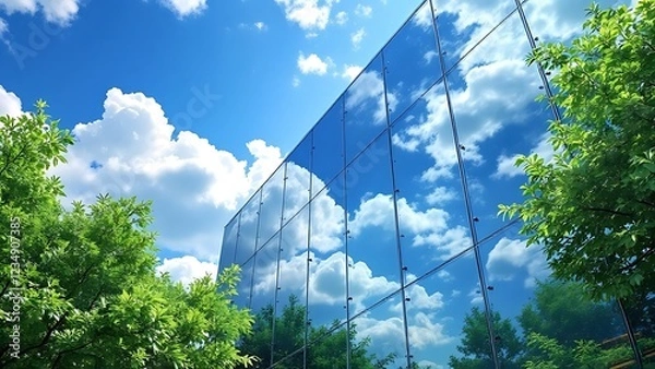 Fototapeta Exemplifying the ESG - Environmental, Social, Governance concept, a corporate glass building facade reflects green trees. Importance of integrating sustainability into business practice. Generative AI