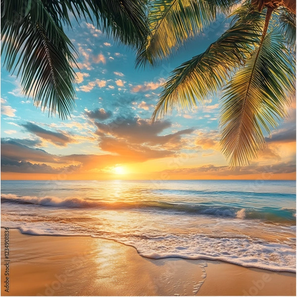 Fototapeta Sunset on a tropical beach with palm trees and the ocean in the background