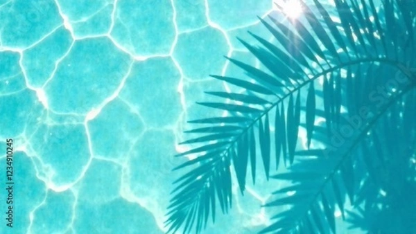 Obraz palm leaf shadow from above over transparent water surface with sunlight reflection top view, abstract background for travel, beach vacation and wellbeing