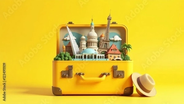 Fototapeta Opened yellow suitcase with famous monument on yellow background. Travel famous world attractions concept. 3d Render illustration