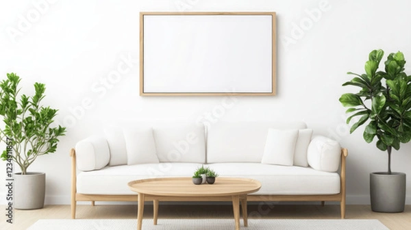 Fototapeta modern living room featuring white sofa, round wooden coffee table, and decorative plants. minimalist design creates serene and inviting atmosphere
