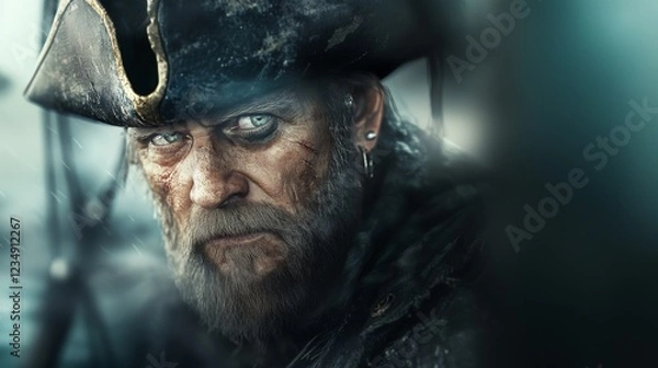 Fototapeta Close-up portrait of rugged pirate with intense expression and traditional hat in dramatic stormy setting