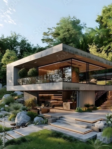 Fototapeta Modernist Hillside Residence Blending Seamlessly with Lush Landscape