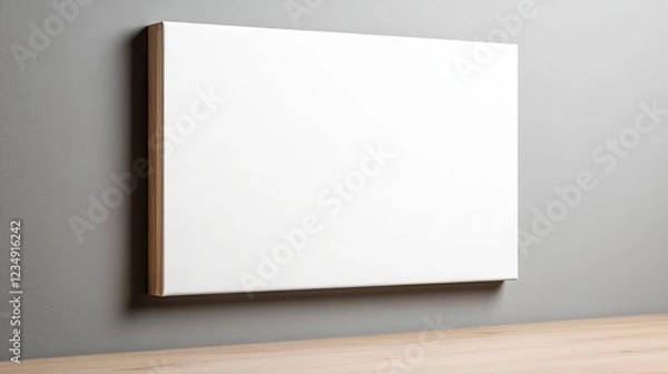 Fototapeta Blank White Canvas Mockup on Gray Wall with Wooden Frame Ready for Your Design Presentation