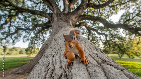 Fototapeta Red squirrel holding a nut on a giant tree