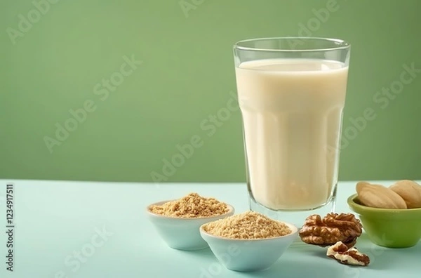Fototapeta A glass of milk and small bowls with ground walnut on the side, against a light green background