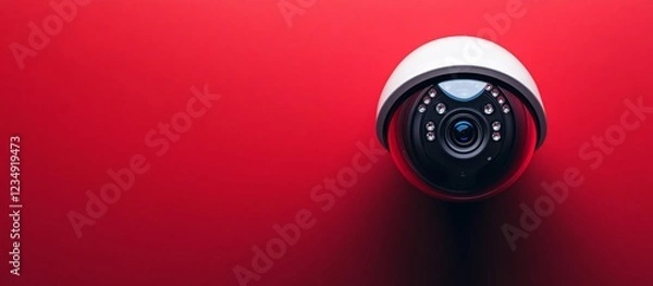 Fototapeta Security Dome Camera on Red Background: Surveillance Technology