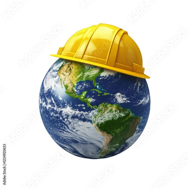 Fototapeta A hard hat sits atop a model of the Earth symbolizing global construction or environmental protection.