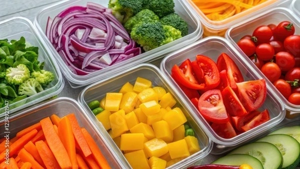 Fototapeta Many clear plastic containers are filled with various chopped colorful fresh vegetables, creating an array of vibrant colors and textures, perfect for food printing