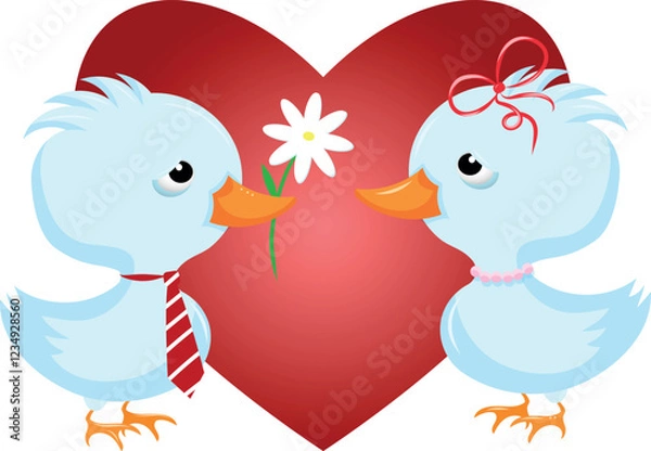 Obraz Ducklings on the background of the heart, vector illustration, Valentine's Day, February 14