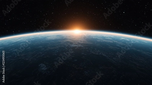 Fototapeta A breathtaking view of Earth"s curve at sunrise, showcasing the planet's atmosphere against a backdrop of starry sky.