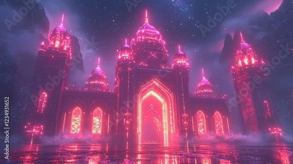 Fototapeta Neon Palace Gateway: A Digital Fantasy