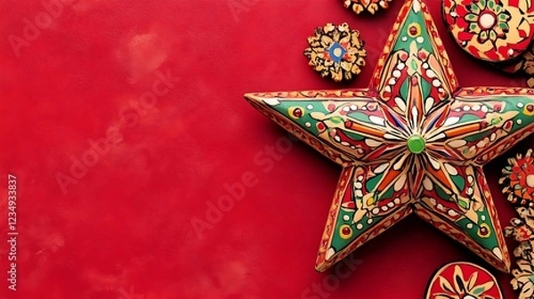 Obraz Festive Hand Painted Wooden Star Ornaments On Red