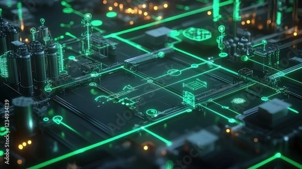 Fototapeta A futuristic network of factories interconnected by glowing green lines representing sustainable energy and resources, with data points showing the environmental impact at each stage of production