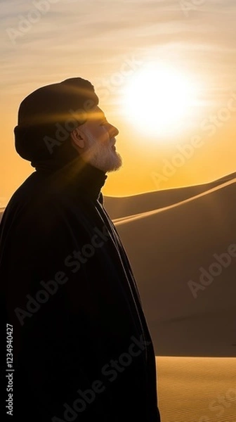 Obraz A person meditates in a serene desert landscape at sunset, surrounded by warm golden sands and a tranquil atmosphere.