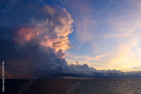 Obraz View from cargo ship at sea to dramatic clouds and colorful sunset ahead