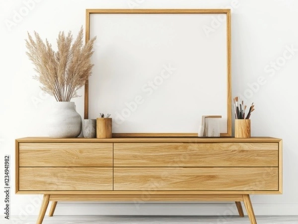 Fototapeta Minimalist interior with empty wooden frame on a stylish wooden console, adorned by a vase of pampas grass and art supplies.