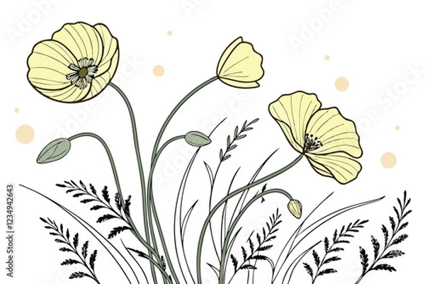 Obraz Delicate yellow poppies, watercolor illustration, soft pastel colors, minimalist floral design, long green stems, white background, botanical art, gentle curves, transparent petals, simple elegance, w