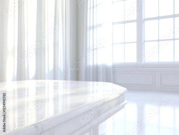 Fototapeta A light and elegant modern bathroom interior featuring white marble surfaces, with soft natural light streaming through large windows.