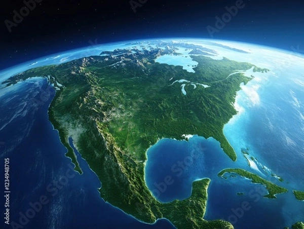 Obraz A stunning view of North America from space, highlighting its lush landscapes and clear atmosphere under the glow of daylight.