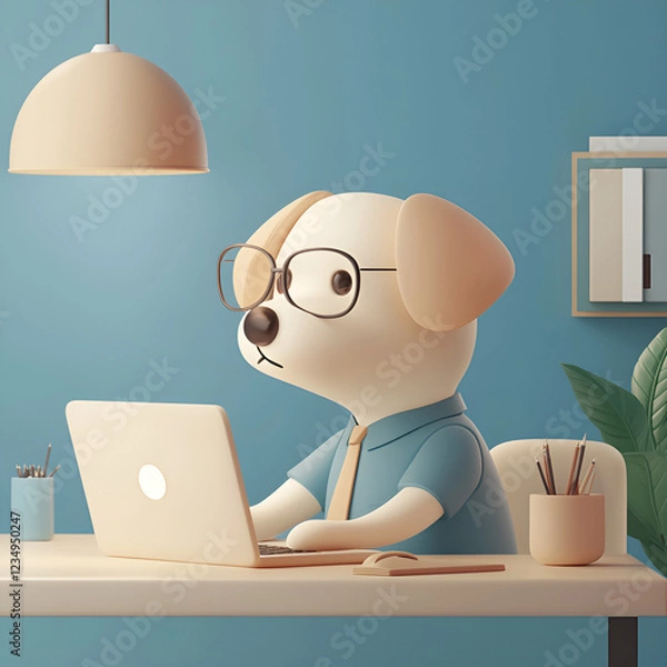 Fototapeta a cute dog working at a desk