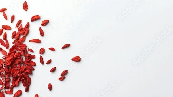 Fototapeta A handful of uncooked dried goji dates berries grains scattered neatly on a plain white background top view