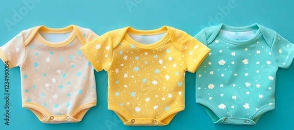 Obraz Three Baby Bodysuits in Pastel Yellow, Peach, and Turquoise with Cloud Pattern