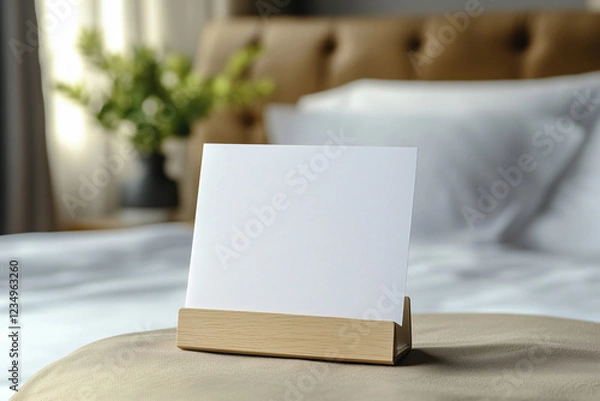 Fototapeta A blank mock up white card in a wooden holder on a minimalist hotel room background, ideal for mockups or text, logo placement