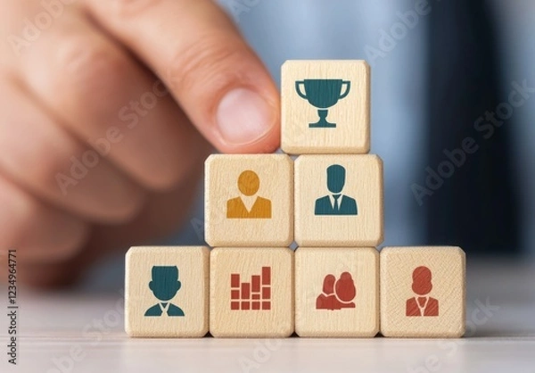 Fototapeta Leadership drives growth in management. Wooden blocks illustrating growth and success in a business context.