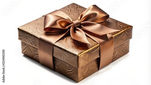 Fototapeta A luxuriously wrapped gift box with a classic brown satin bow and intricate embossed design.