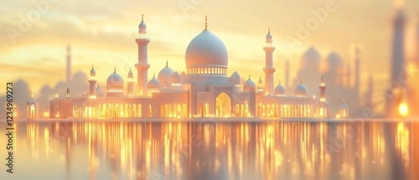 Fototapeta A Serene Sunset Illuminates A Stunning Mosque Reflected In Calm Water, Creating A Peaceful And Majestic Scene.