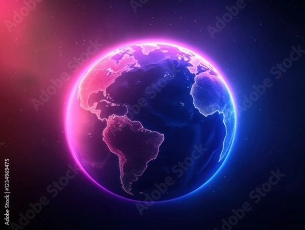 Obraz A vibrant digital depiction of Earth in neon colors against a cyber space-themed background, symbolizing the concept of the Metaverse.